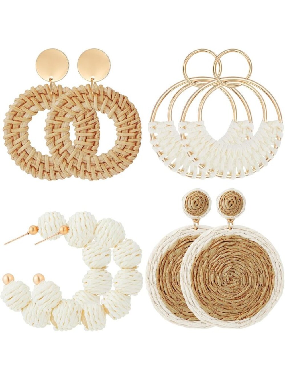 Handmade Boho Rattan Earrings - 4 Pairs Stylish Statement Jewelry for Women